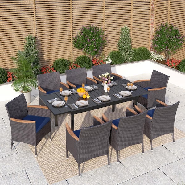 PHI VILLA Black 9-Piece Metal Patio Outdoor Dining Set with Extendable Table and Rattan Chairs with Blue Cushion