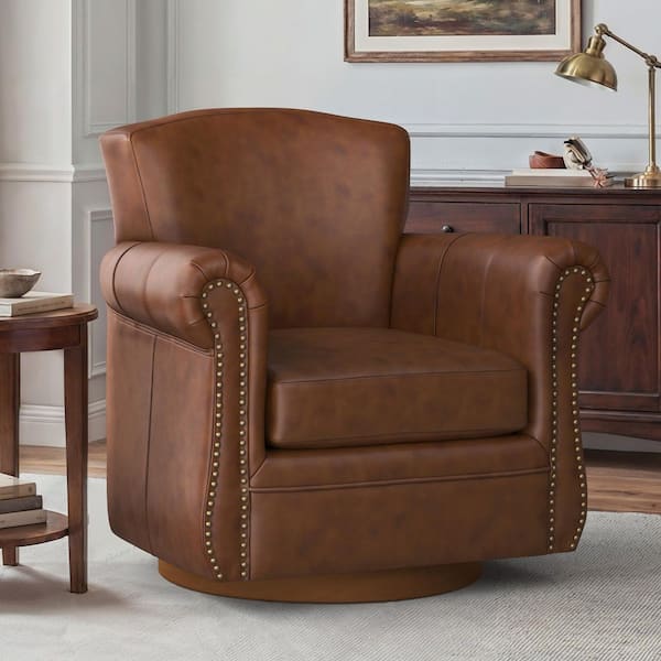 Oubo Dark Brown Mid-century Genuine Leather Curved Highback Swivel Accent Chair Modern Arm Chair with Nailhead Trims