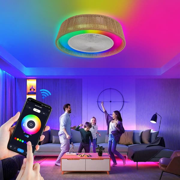 Ceiling Fan Light, LED RGB Dimmable Mood Lighting, Handwoven Hemp Rope Design, Quiet Fan with Remote/APP Control