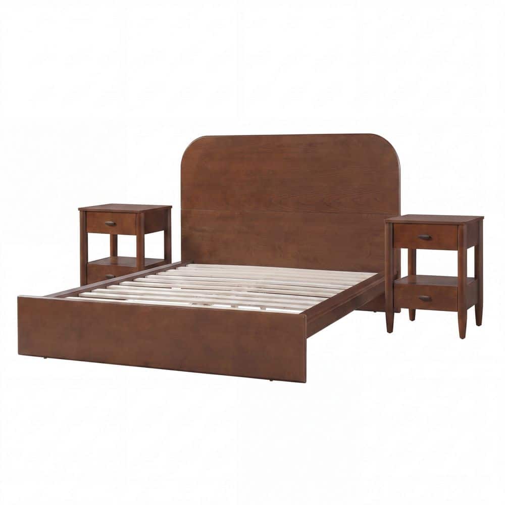 Modern 3-Piece Walnut Finish Wood Frame Queen Bedroom Set Low-Profile Platform Bed and 2-Drawer Nightstands price history on PriceWatchPro