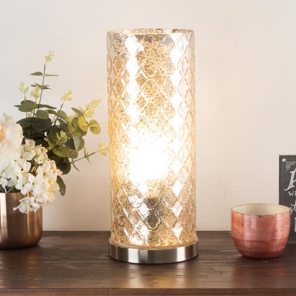 Lavish Home 16 in. Silver Glass Uplight Lamp with Embossed Trellis Pattern Shade