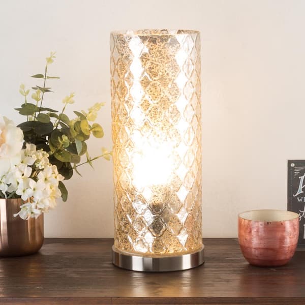 Lavish Home 16 in. Silver Glass Uplight Lamp with Embossed Trellis ...