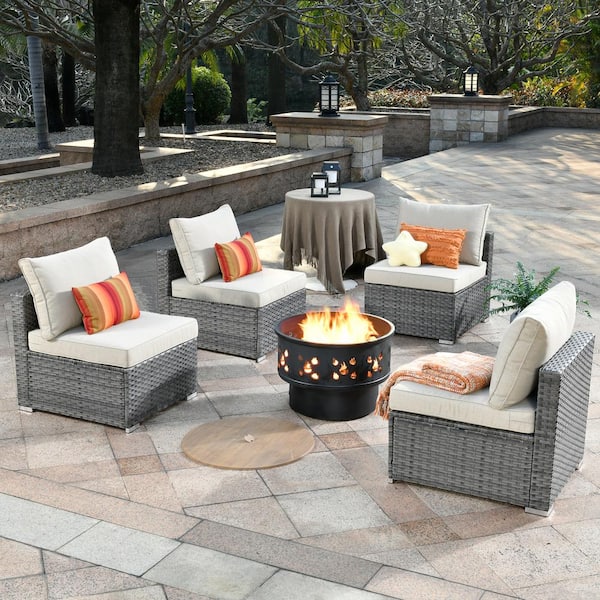 Sanibel Gray 5-Piece Wicker Outdoor Patio Conversation Sofa Chair Set with a Wood-Burning Fire Pit and Beige Cushions