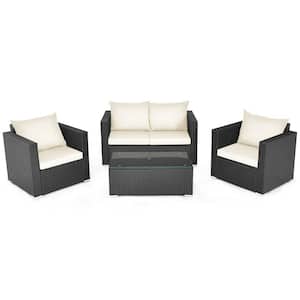 4-Pieces Rattan Patio Cushioned Furniture Set with White Cushions