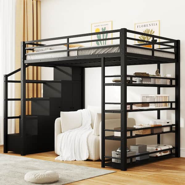 Black Queen Size Metal Loft Bed with 4-Tier Shelves and Storage Staircase Including Cabinets and Wardrobe