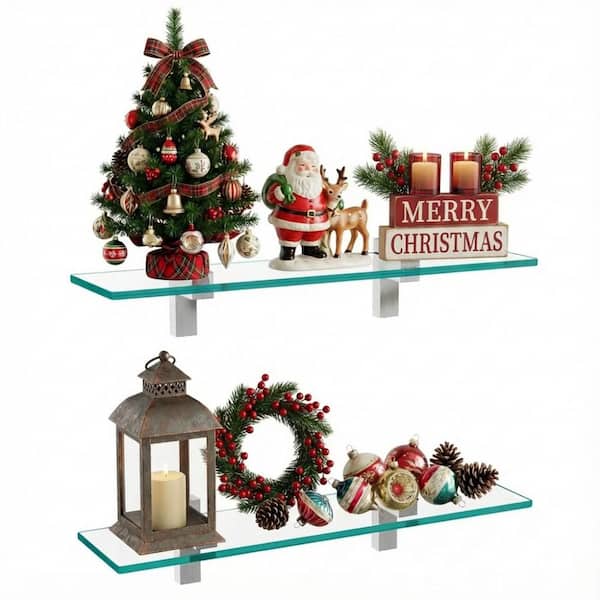 KES 2 Pack 16 in. W x 3.5 in. H x 5 in. D Bathroom Aluminum Rectangular Tempered Glass Shelf in Brushed Nickel