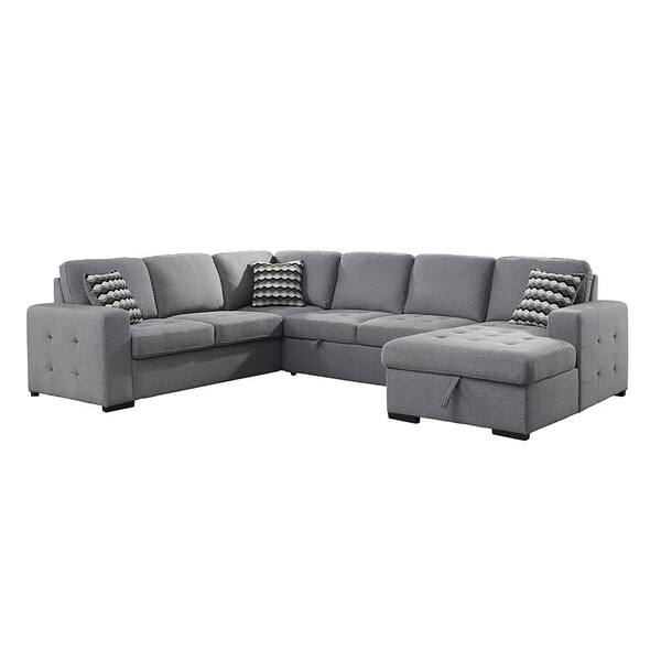Lazzara Hume 123 in. Straight Arm 4-piece Textured Fabric Sectional Sofa in Gray with Pull-out Bed and Right Chaise