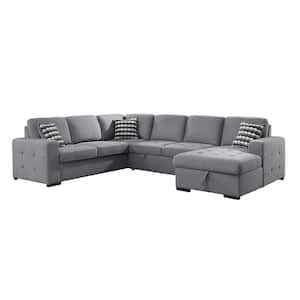 Hume 123 in. Straight Arm 4-piece Textured Fabric Sectional Sofa in Gray with Pull-out Bed and Right Chaise