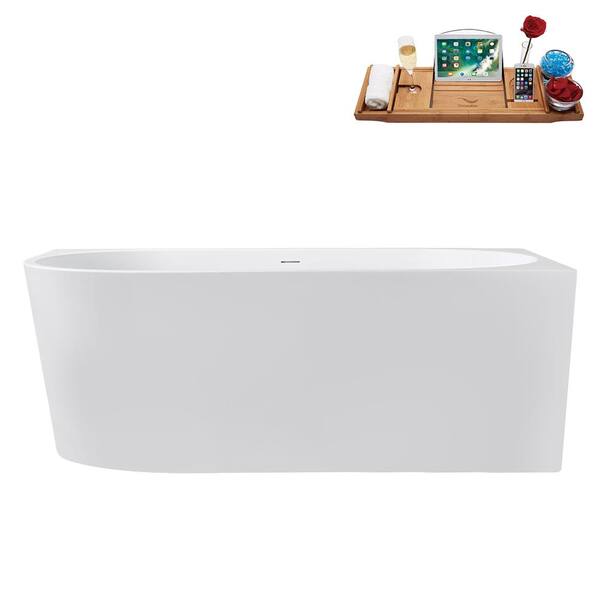Streamline 59 in. x 30 in. Acrylic Freestanding Soaking Bathtub in Glossy White with Matte Oil Rubbed Bronze Drain, Bamboo Tray