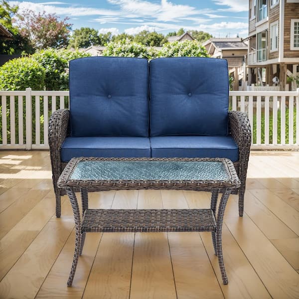 Brown PE Wicker Outdoor Loveseat with Blue Cushions and Coffee Table