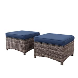 Brown Wicker Outdoor Ottoman Patio Footstool with Blue Cushions (2-Pack)