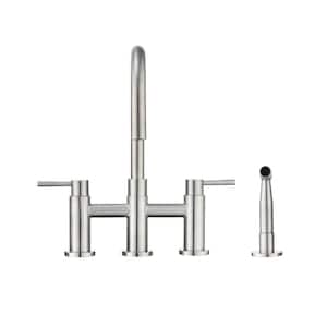Double Handle Bridge Kitchen Faucet with Side Sprayer in Brushed Nickel