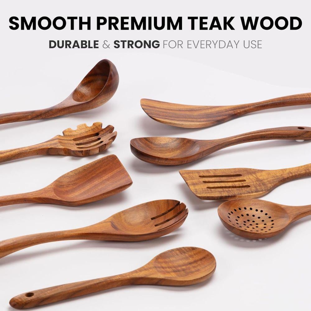 Zulay Kitchen 9-Piece Teak Wooden Cooking Utensil Set ZK-TKWD-CKNG-TNSLS-9PC