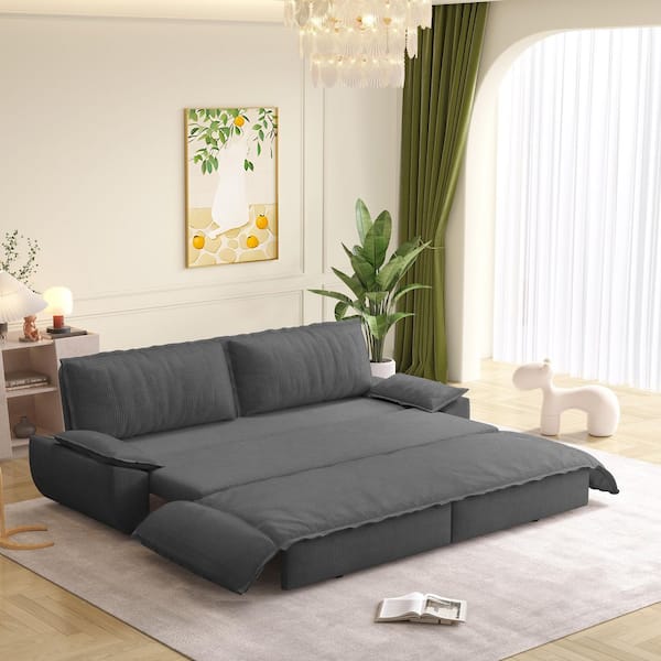 3-in-1 Convertible 73.2 in. Gray Soft Corduroy Queen Size Sofa Bed with 2 Soft Pillows
