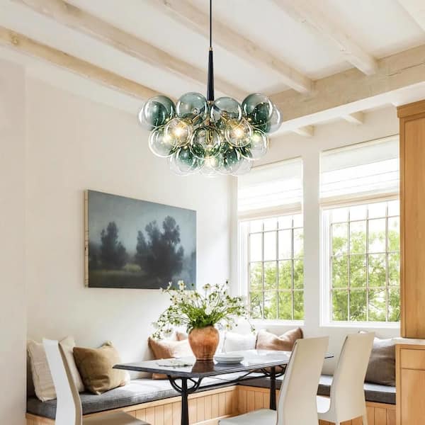 Alma 6-Light 24.8 in.W Brass and Black Cluster Bubble Chandelier with Green Tinted Glass for Nursery (Bulbs Included)