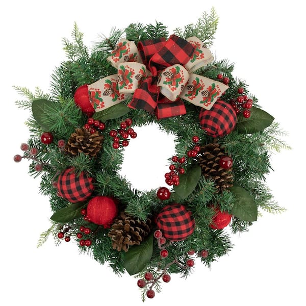 24 "-Unlit Pine Artificial Christmas Wreath with Bows and Plaid Ornaments