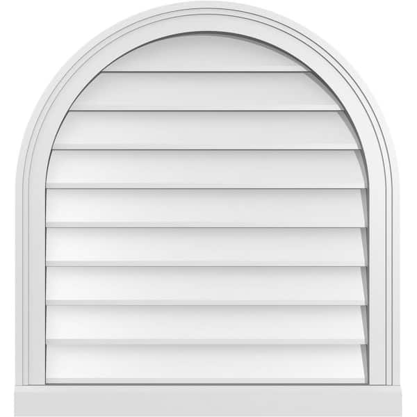 Ekena Millwork 26 in. x 28 in. Round Top Surface Mount PVC Gable Vent: Decorative with Brickmould Sill Frame