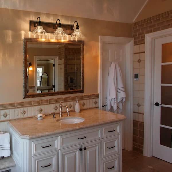 26.38 in. 3-Light Antique Bronze Vintage Bathroom Vanity Light with Flower Glass Shades