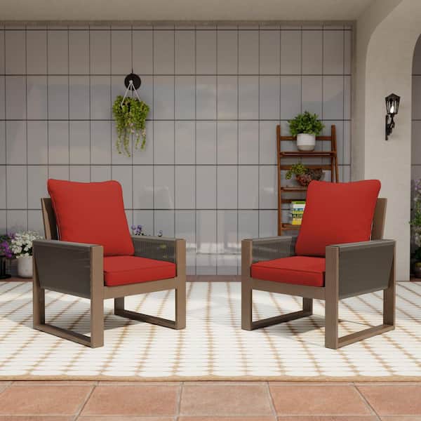 INMITOM Outdoor Patio Wooden Lounge Chair with Red Cushions and Square Frame (2-Pack)