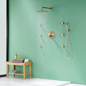 Pressure Balanced 3-Spray Patterns 12 in. Wall Mounted Rainfall Dual Shower Heads with 6 Body Spray in Brushed Gold