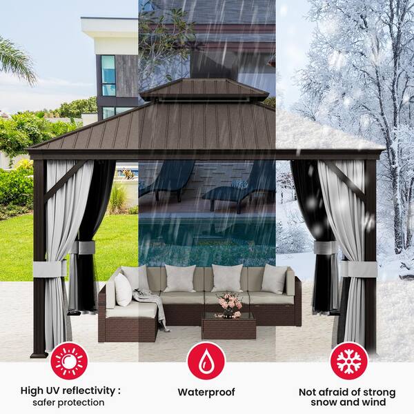 PamaPic 10 ft. x 12 ft. Brown Metal Hardtop Gazebo with Curtains