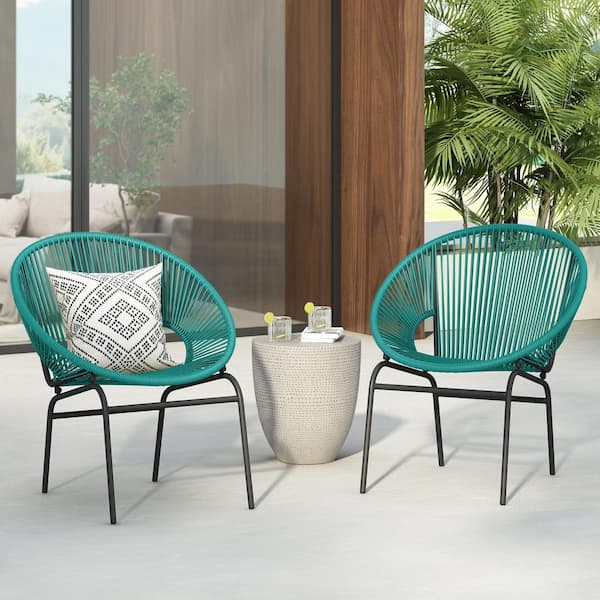 Harper & Bright Designs 2-Piece Black Metal Frame Outdoor Wicker Lawn Chairs with Teal Woven Rope