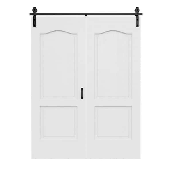 64 in. x 84 in. Arch Panel 2-Lite Primed Hollow Core Finished MDF Composite Bi-Fold Door with Bifold Barn Door Hardware