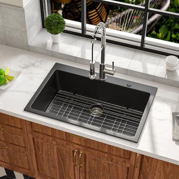 Granite 33 in. x 22 in. Matte Black Drop-In Single Bowl Quartz Composite Kitchen Sink with Bottom Grids