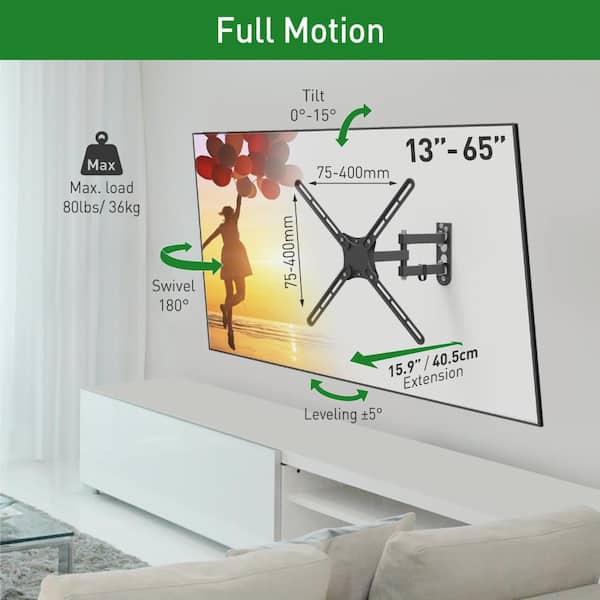 Barkan 13 in. to 65 in. Full Motion 4-Movement Continuous Tilt Cable Management TV Wall Mount in Black