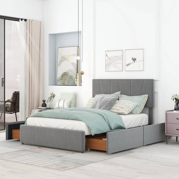 Polibi Gray Wood Frame Full Size Upholstery Platform Bed with 4-Drawers on Two Sides, Adjustable Headboard