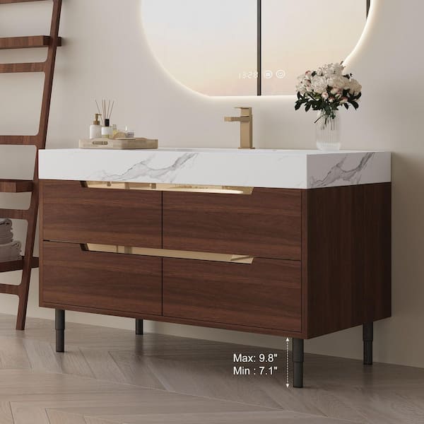 35.4 in. Single Sink Freestanding Walnut Bath Vanity with Marble White Cultured Marble Top