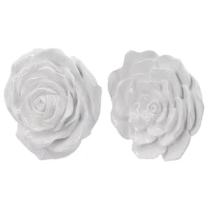 Set of 2 White Floral Rose Wall Accent - Decorative Sign