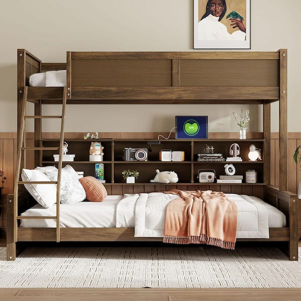 Antique Wood Color Twin XL over Queen Bunk Bed with Storage Cabinets and USB Ports