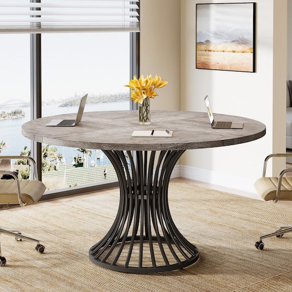 Halseey 47 in. Round Gray Wood Conference Table with Black Metal Pedestal, Meeting Table Desk Dining Table for 4