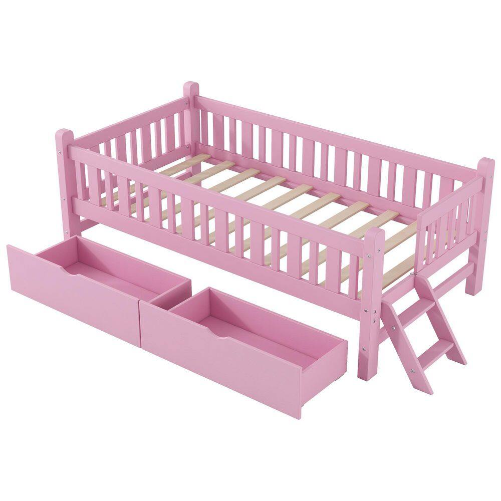 White Wood Frame Twin Size Platform Bed with Guardrail and 2-Drawers - thumbnail 3