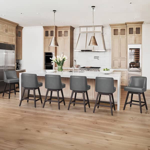 OrangeOne 26 in. Wood 360 Free Swivel Upholstered Bar Stool with Back, Performance Faux Leather in Gray Set of 6