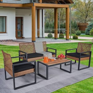 Light Brown 4-Piece Wicker Patio Conversation Set with Black Cushions and Acacia Wood Table Top