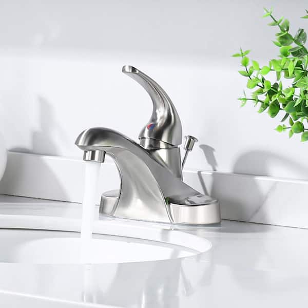 Durable 4 in. Centerset Single Handle Mid Arc Bathroom Faucet with Drain Kit in Brushed Nickel