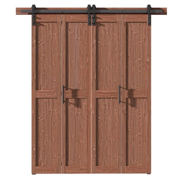 SANDING Assembled 72 in. x 84 in. Solid Core Dark Walnut Pine Wood Bi-Fold Door With Hardware Kit