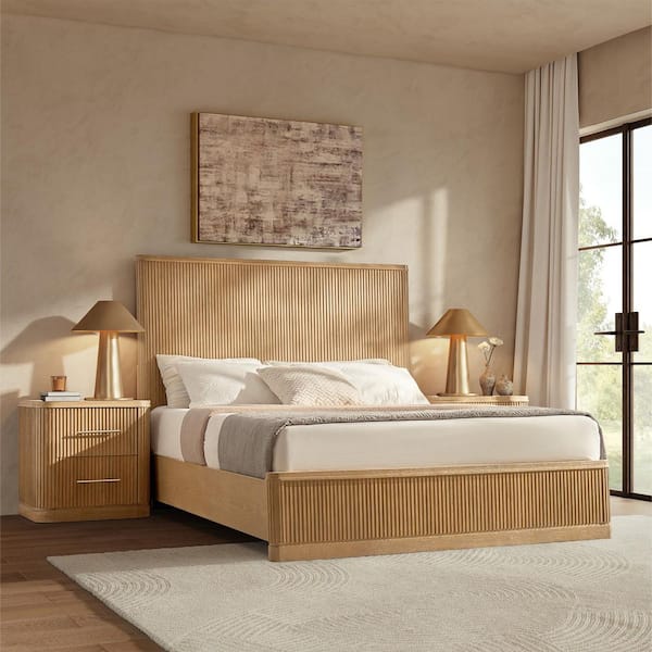 Eustacio Yellow Solid Wood Frame King Platform Bed with Fluted Surface