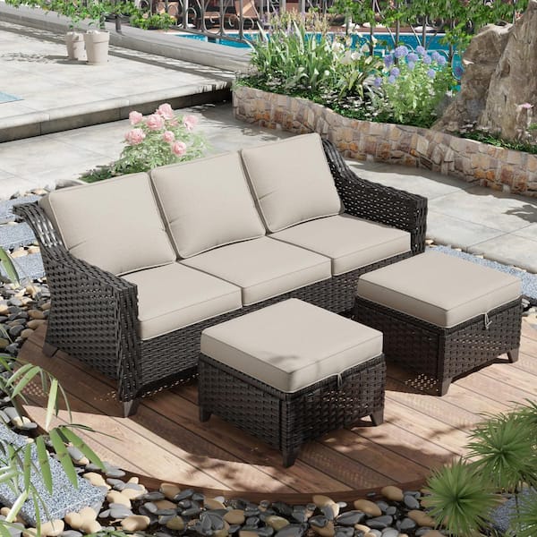 JOYSIDE Wicker Outdoor Patio Sofa Sectional Set with Beige Cushions and Ottoman
