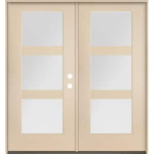 BRIGHTON Modern 72 in. x 80 in. 3-Lite Left-Active Inswing Satin Glass Unfinished Double Fiberglass Prehung Front Door