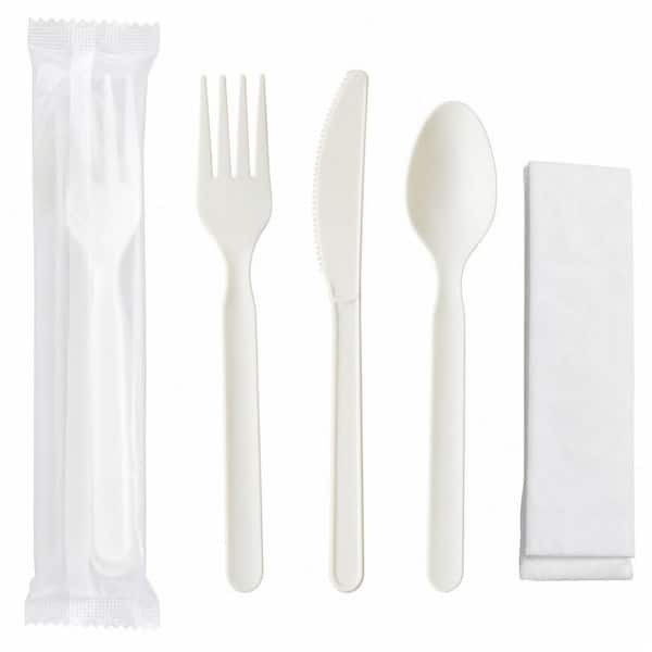 200-Set 7 in. Plastic Compostable Cutlery Kits, 4-in-1 Individually Wrapped Disposable Utensils