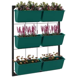 3-Tier Hanging Plastic Plant Holder, Self Draining Wall Mounted Planter with 6 Pots for Vegetables, Flowers, Green