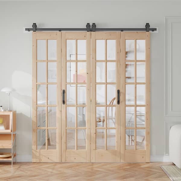 72 in. x 84 in. 1 Lite Pre Assembled Clear Glass Solid Core Wood Brown Bi-Fold Door with Hardware