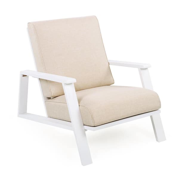 White Acacia Wood Outdoor Adirondack Lounge Chair, Patio Club Chair with Beige Cushion, Supports 400 lbs