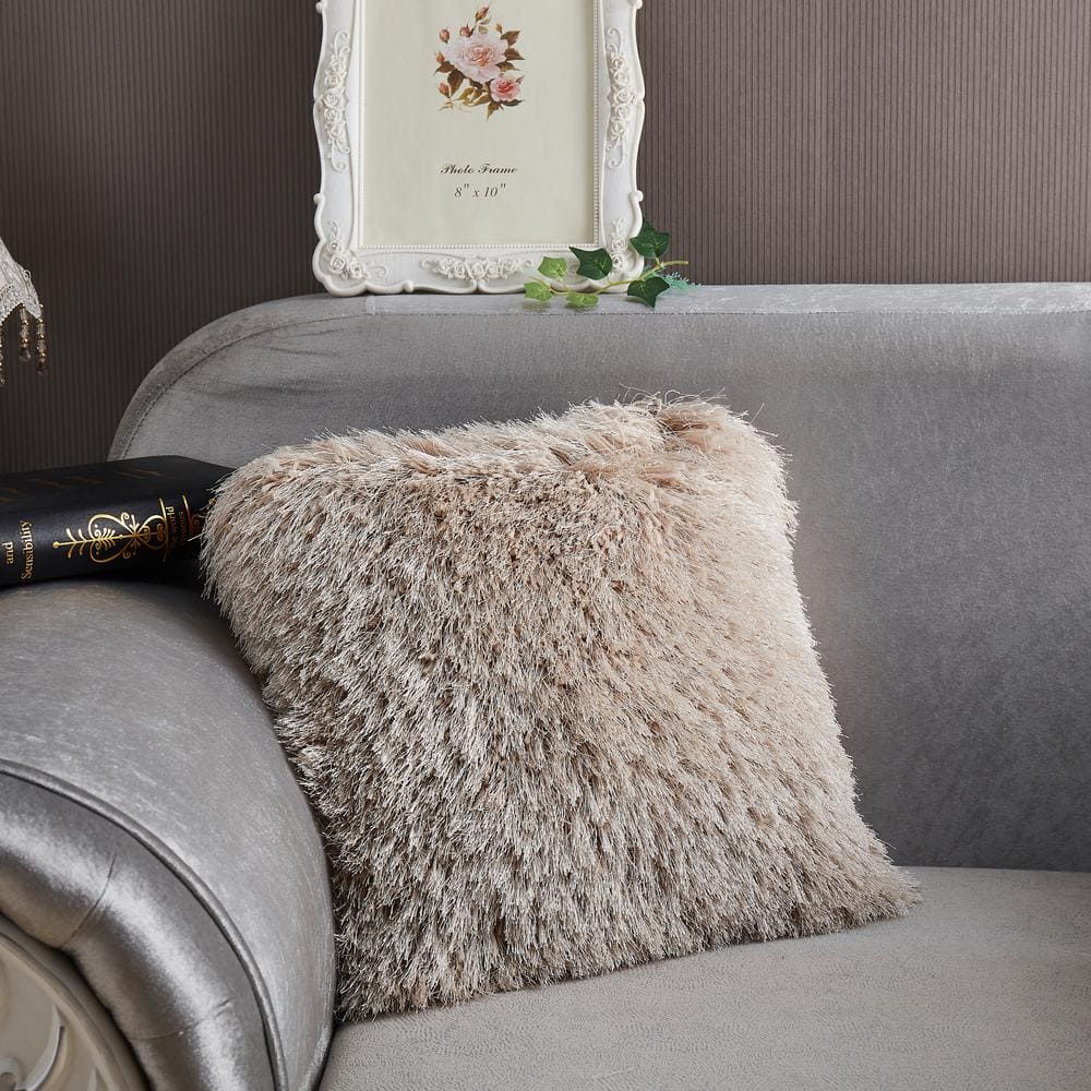 18" Beige Shaggy Hand Tufted Polyester Throw Pillow