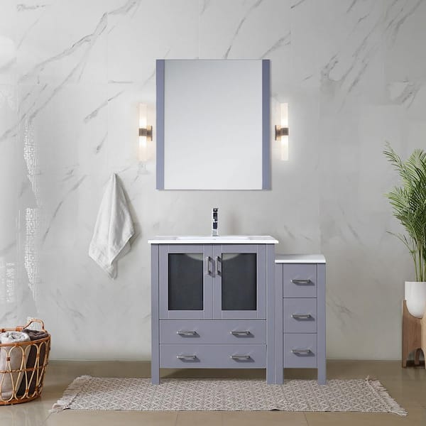 Lexora Volez 42 in. W x 18 in. D x 34 in. H Single Sink Bath Vanity in Dark Grey with White Ceramic Top and Mirror