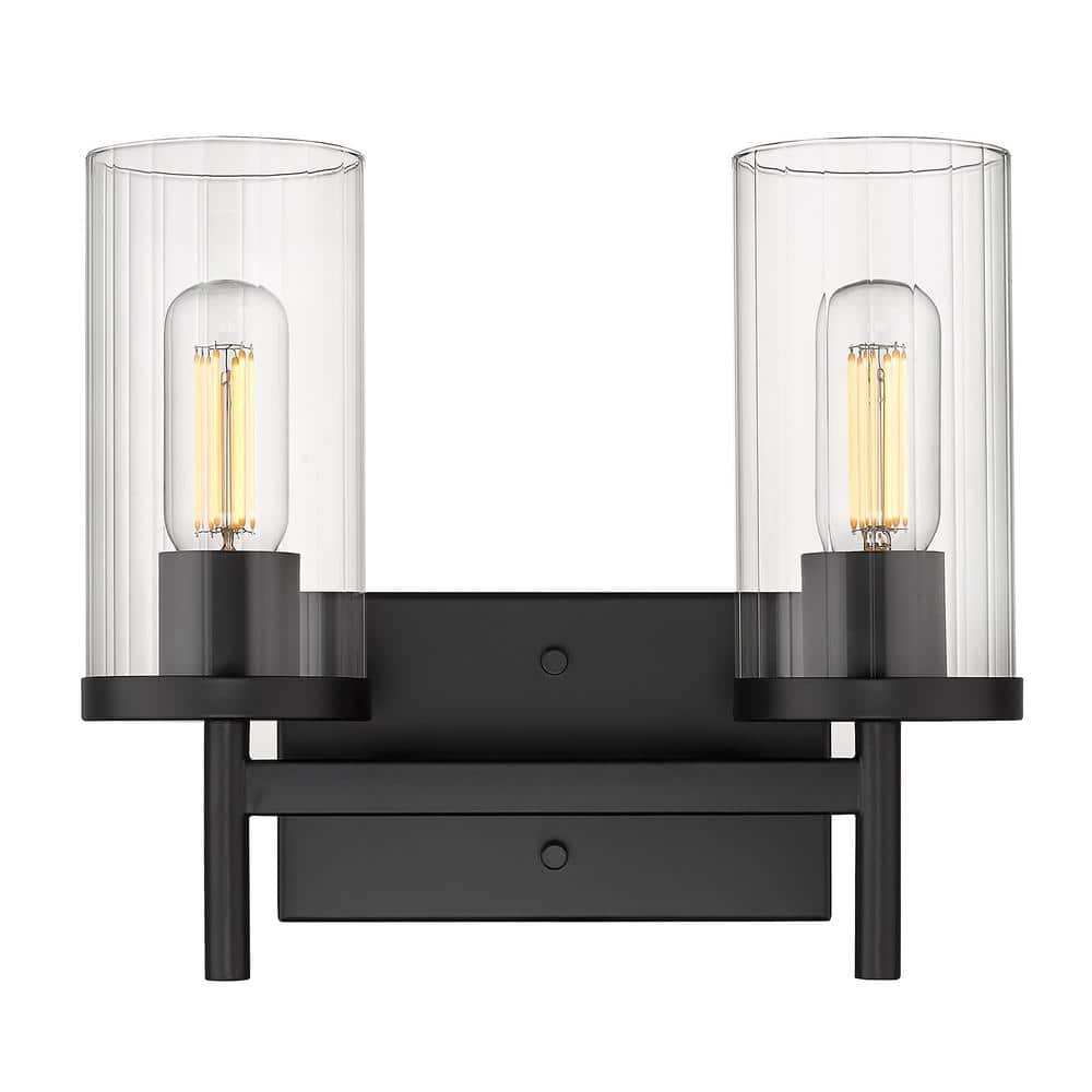Matte Black Cylinder 2-Light Vanity with Clear Glass Shades