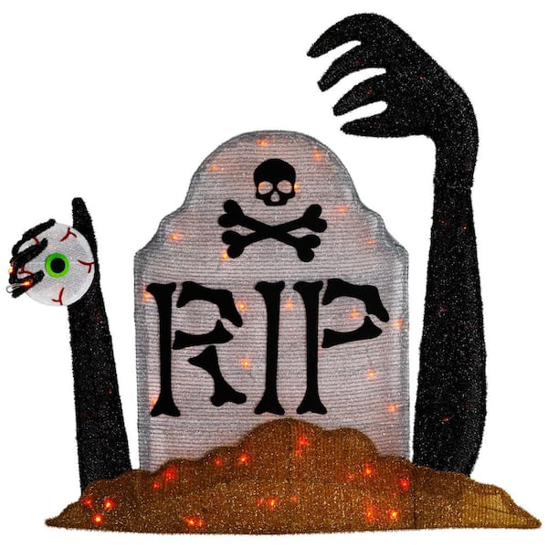 31.5 in. Lighted Tombstone Halloween Yard Stake Decoration-Black and Gray-Orange LED Lights